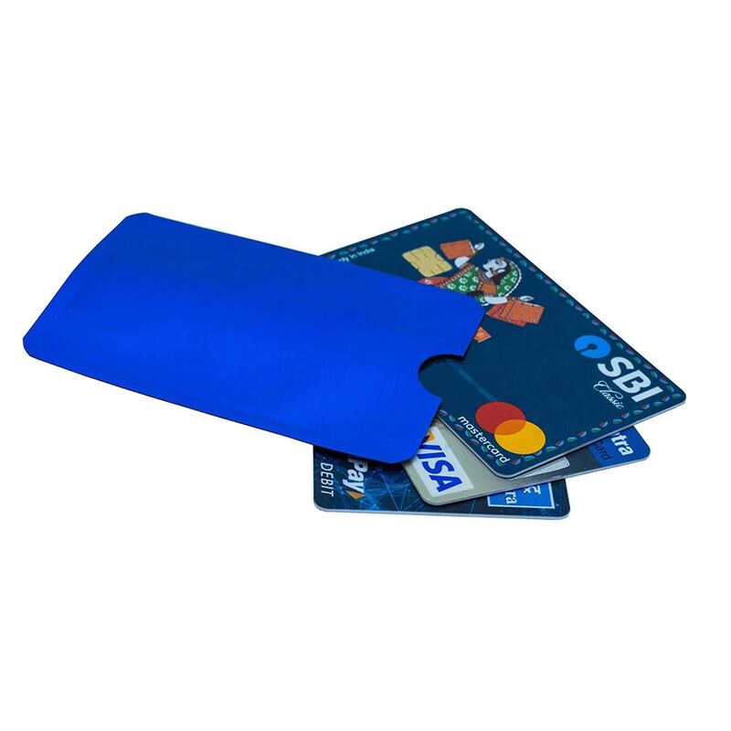 A blue LINQS RFID blocking sleeve beside bank cards
